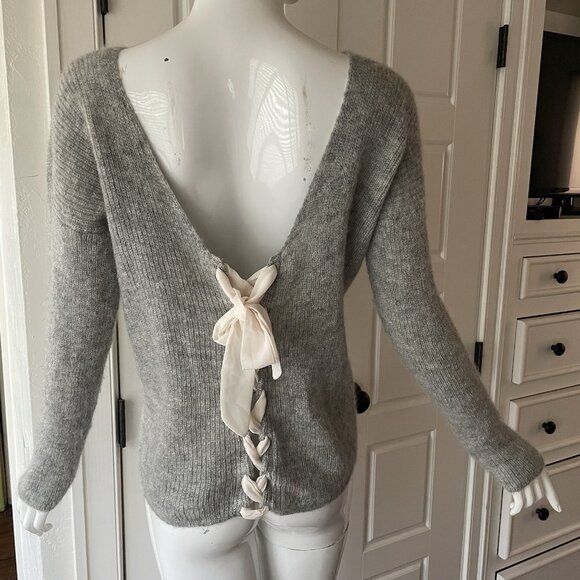 Sezane Sweater Super Kid Mohair Baby Alpaca Gray Lace Up Back Coquette Small - Picture 3 of 14